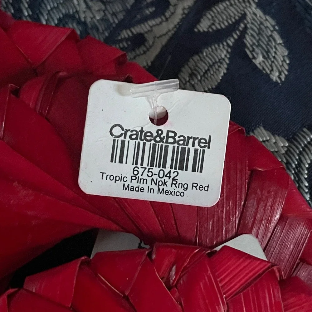 Crate & Barrel Napkin Rings Tropic Palm‎ Natural lot 8 red Handmade raffia NEW